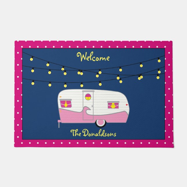 Happy Glamper Pink Vintage Canned Ham Trailer Doormat (Front)