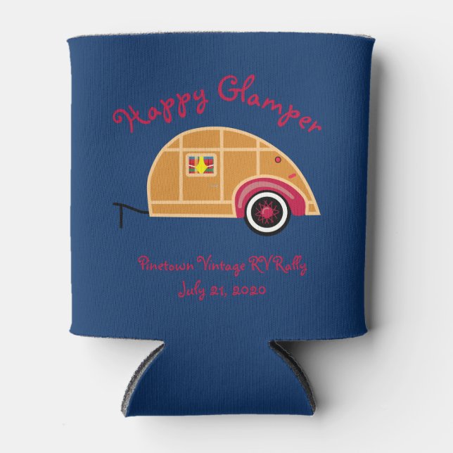Happy Glamper Woodie Vintage Teardrop Trailer Can Cooler (Front)