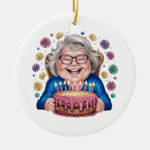 Happy Glasses Granny Bday Graphic Ceramic Tree Decoration