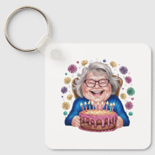 Happy Glasses Granny Bday Graphic Key Ring