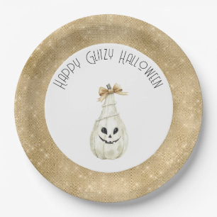 Happy Glitzy Halloween Gold Cream Pumpkin Face Paper Plate