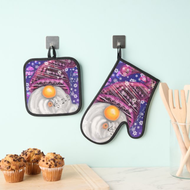 Happy Gnome Christmas Oven Mitt & Pot Holder Set (Insitu(Hanging))