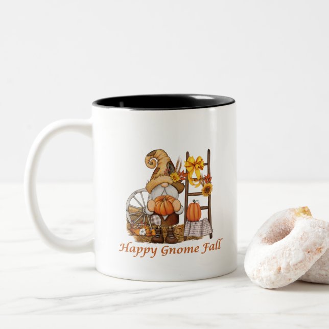 Happy Gnome Fall with Gnome Ready for Fall Two-Tone Coffee Mug (With Donut)