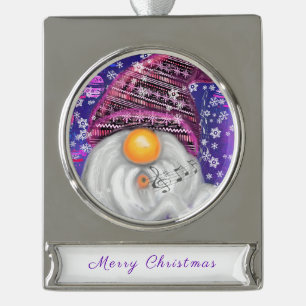 Happy Gnome In Purple Hat Sings A Christmas Song Silver Plated Banner Ornament