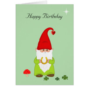 Happy Gnome with Horseshoe on Green Birthday Card