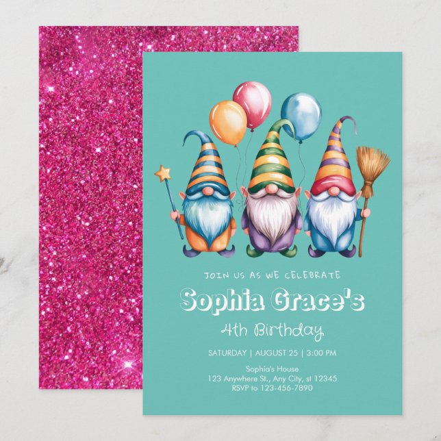 Happy gnomes with balloons and magic wand invitation (Front/Back)
