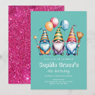 Happy gnomes with balloons and magic wand invitation
