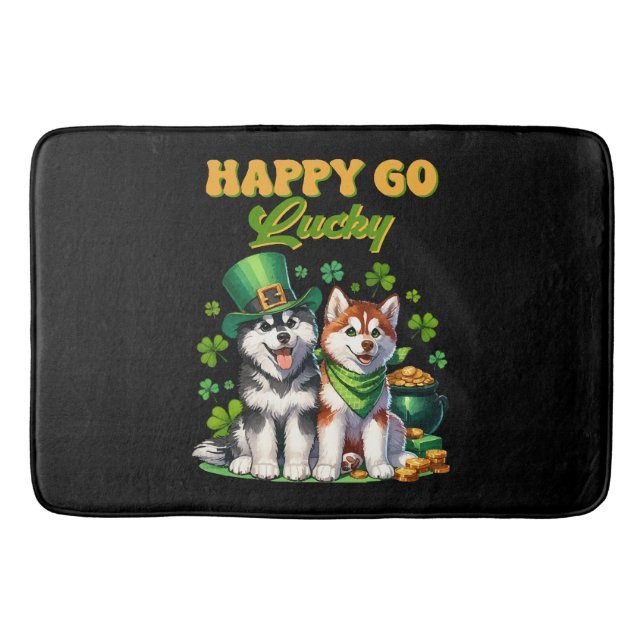 Happy Go Lucky Cute Husky St. Patricks Day Bath Mat (Front)