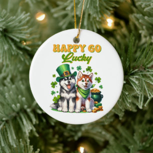 Happy Go Lucky Cute Husky St. Patricks Day Ceramic Tree Decoration
