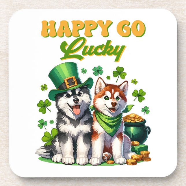 Happy Go Lucky Cute Husky St. Patricks Day Coaster (Front)