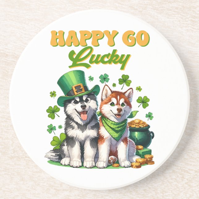 Happy Go Lucky Cute Husky St. Patricks Day Coaster (Front)