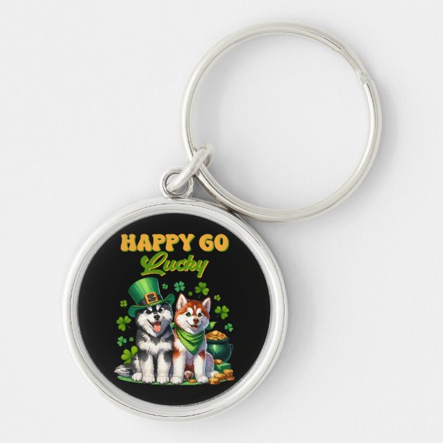 Happy Go Lucky Cute Husky St. Patricks Day Key Ring (Front)