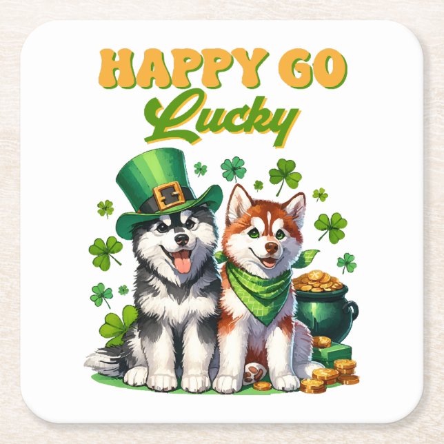 Happy Go Lucky Cute Husky St. Patricks Day Square Paper Coaster (Front)