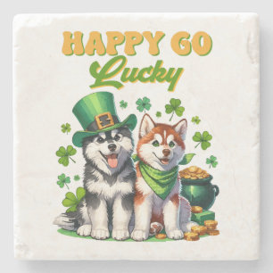 Happy Go Lucky Cute Husky St. Patricks Day Stone Coaster