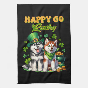Happy Go Lucky Cute Husky St. Patricks Day Tea Towel