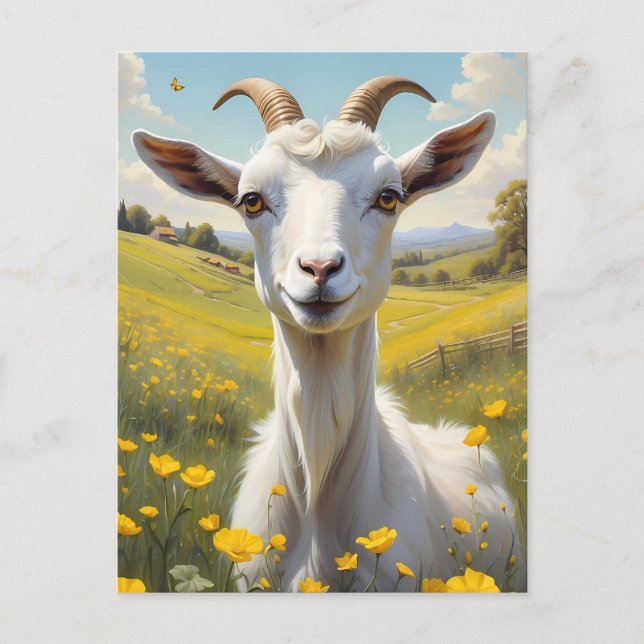 Happy Goat Vibrant Buttercup Meadow Postcard (Front)