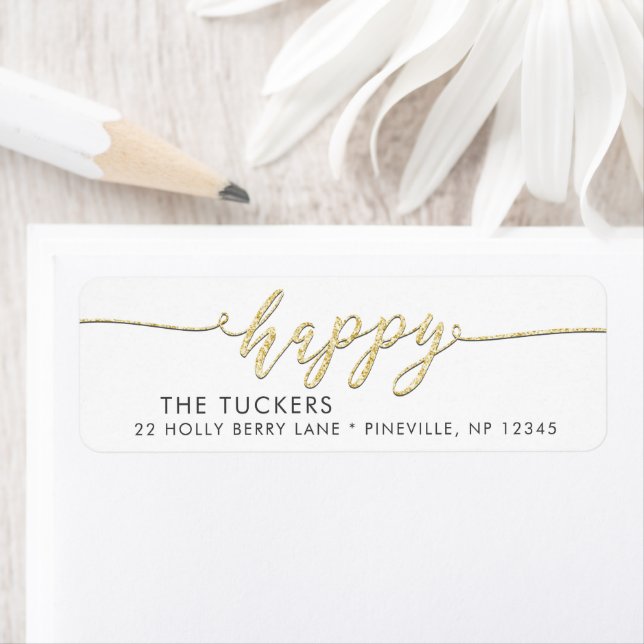HAPPY Gold Glitter Script Holiday Return Address (Insitu)