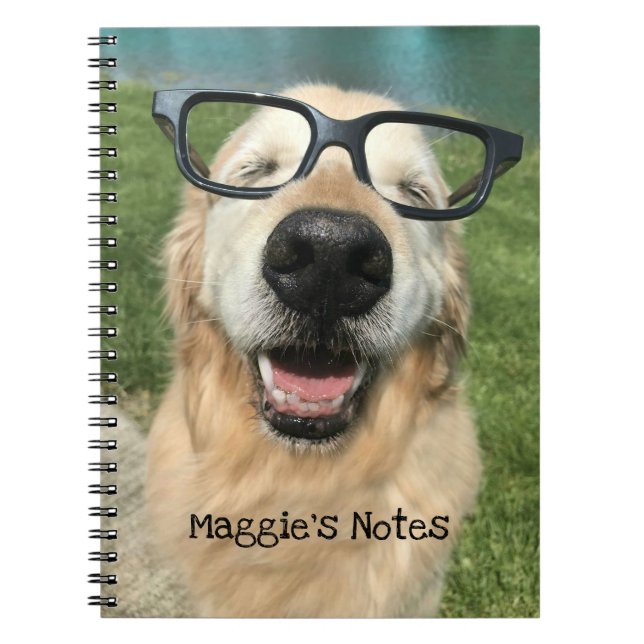 Happy Golden Retriever Dog in Nerd Glasses Notebook (Front)