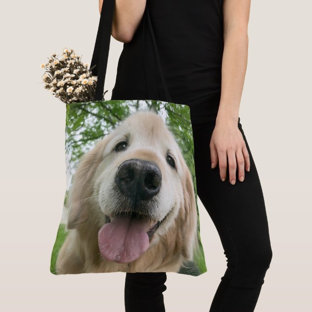 Happy Golden Retriever Dog Outside Portrait Tote Bag (Close Up)