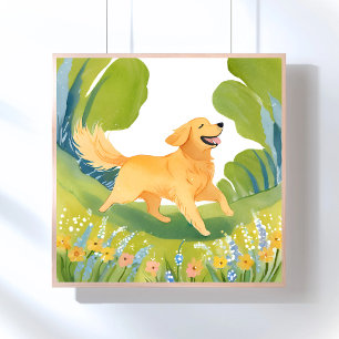 Happy Golden Retriever Light Watercolor Painting Poster