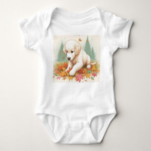 Happy Golden Retriever Puppy in Leaves  Baby Bodysuit