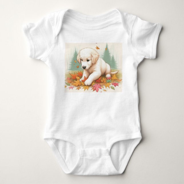 Happy Golden Retriever Puppy in Leaves  Baby Bodysuit (Front)