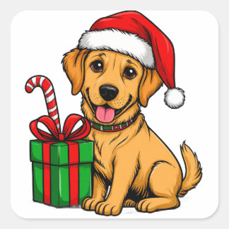 Happy Golden Retriever Puppy Wearing Santa Hat Square Sticker