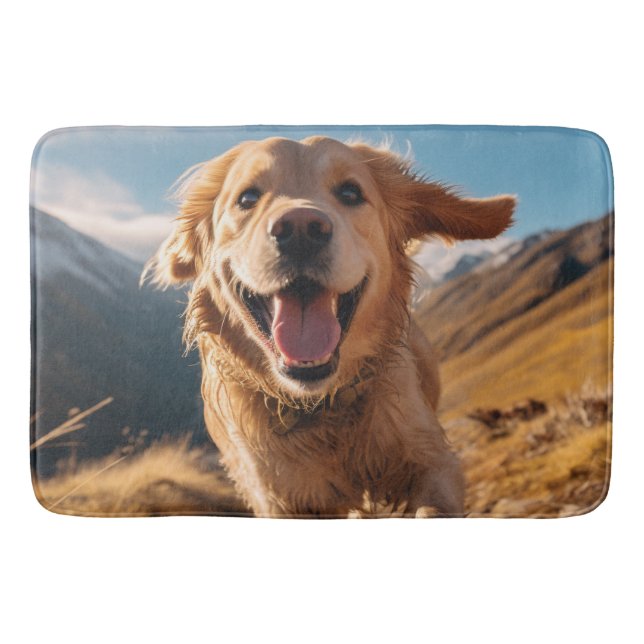 Happy Golden Retriever Running  Bath Mat (Front)