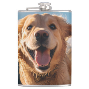 Happy Golden Retriever Running  Hip Flask
