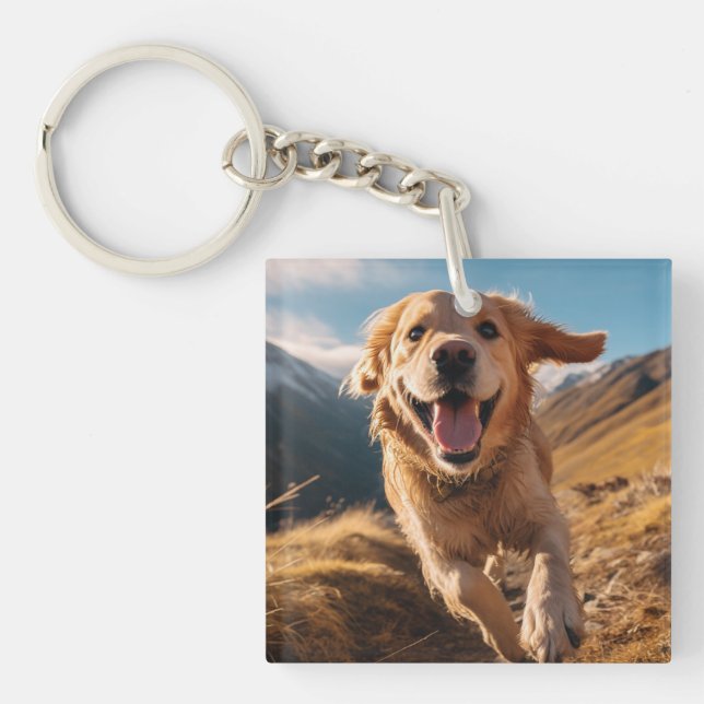Happy Golden Retriever Running  Key Ring (Front)