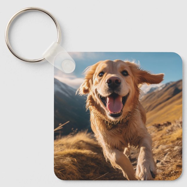 Happy Golden Retriever Running  Key Ring (Front)