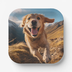 Happy Golden Retriever Running Paper Plate