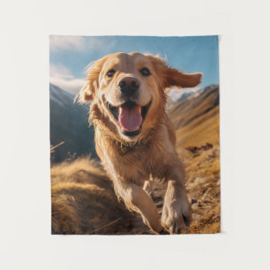 Happy Golden Retriever Running Tapestry