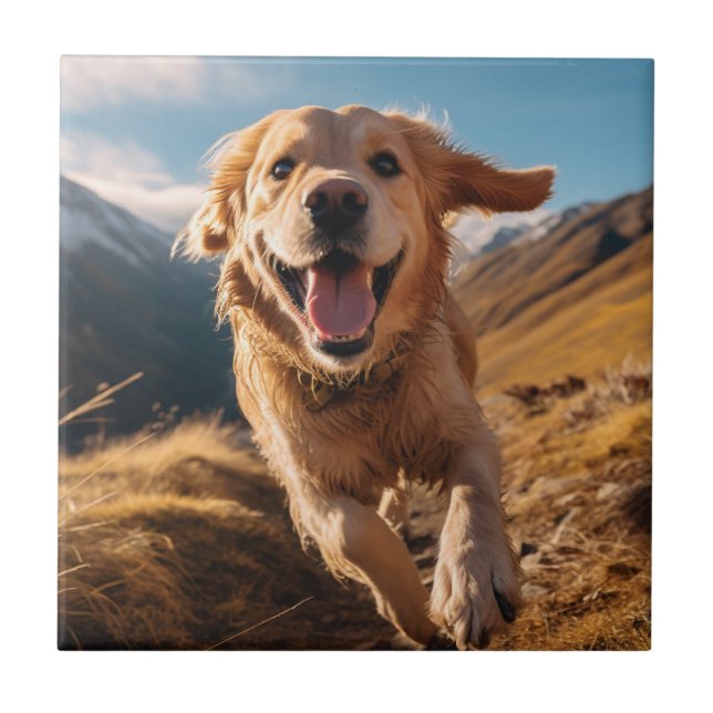 Happy Golden Retriever Running  Tile (Front)