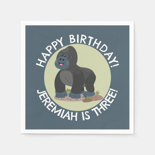Happy gorilla personalised cartoon birthday  napkin (Front)