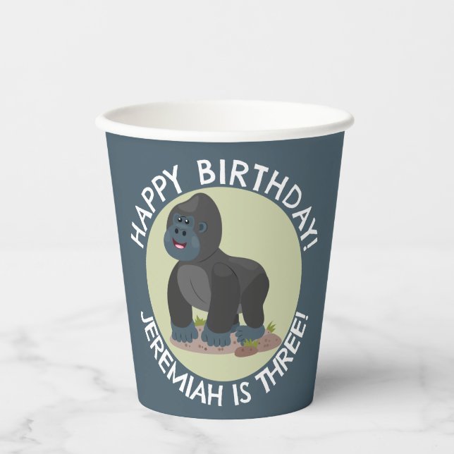 Happy gorilla personalised cartoon birthday  paper cups (Front)