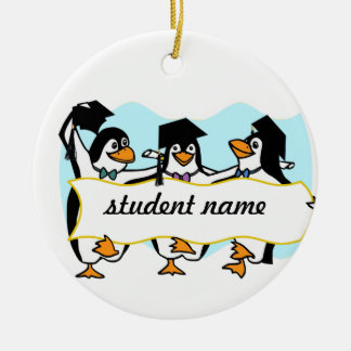 Happy Graduating Dancing Penguins w/Banner Ceramic Tree Decoration
