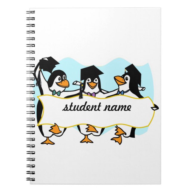 Happy Graduating Dancing Penguins w/Banner Spiral Notebook (Front)