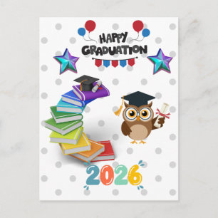 Happy Graduation 2026 - Cute Owl & Books  Postcard