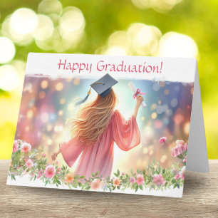Happy Graduation Blonde Hair Girl With Flowers Card