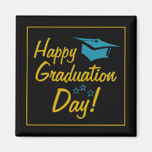 Happy Graduation Day Black Gold Blue Script Magnet