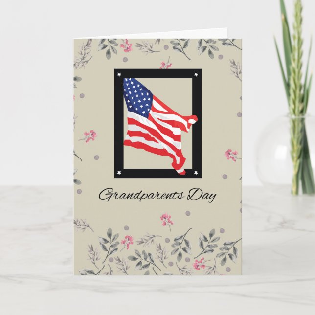 Happy Grandparents Day, American Flag with Flowers Card (Front)