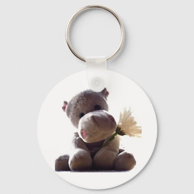 Happy Gray Hippo Holding Daisy, Cute Love Photo Key Ring (Front)