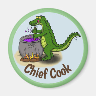 Happy green alligator cooking dinner cartoon magnet