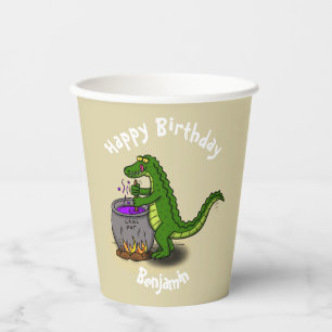 Happy green alligator cooking dinner cartoon paper cups