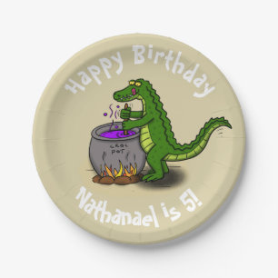 Happy green alligator cooking dinner cartoon paper plate