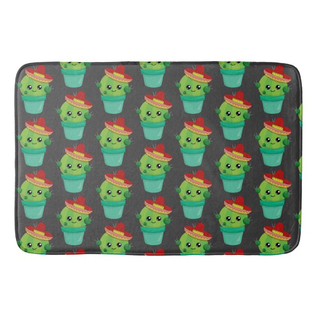 Happy Green Cactus in a Red Sombrero Pattern Bath Mat (Front)