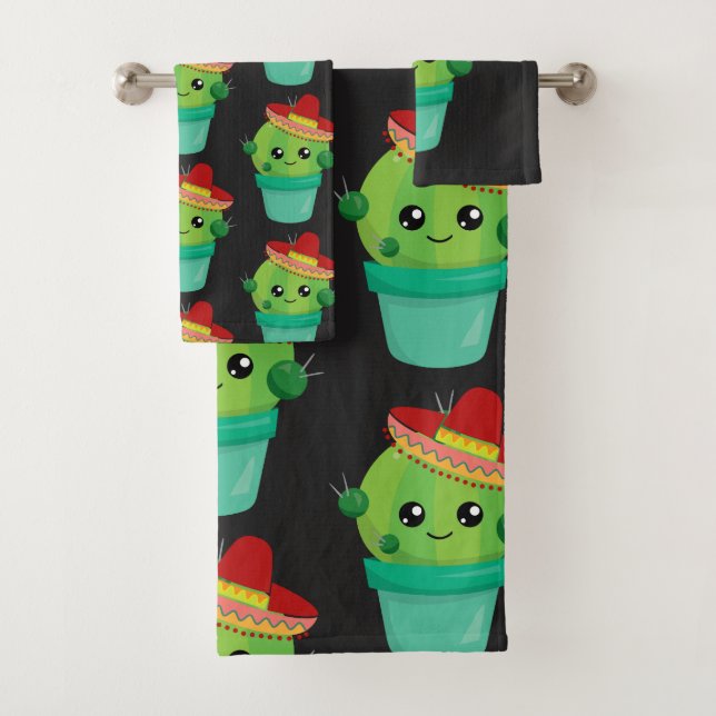 Happy Green Cactus in a Red Sombrero Pattern Bath Towel Set (Insitu)