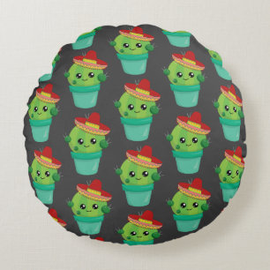 Happy Green Cactus in a Red Sombrero Pattern Round Cushion