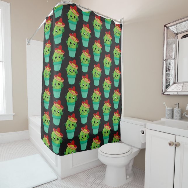 Happy Green Cactus in a Red Sombrero Pattern Shower Curtain (In Situ)